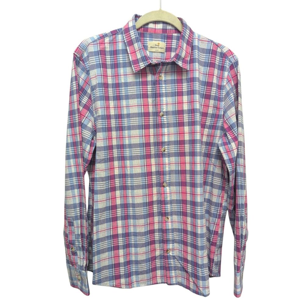 Marine Layer Mens Large L Button Down Shirt Twill Pink Plaid Long Sleeve Cotton